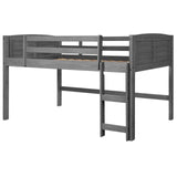 Gray wooden low loft bed with ladder, slatted sides, and elevated frame