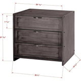 Dark wood 3-drawer chest with metal handles and visible size measurements