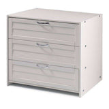 White Donco louver 3-drawer chest with metal handles on white background