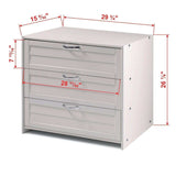 White 3-drawer chest with louvered design and dimensions labeled in red