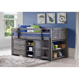 Antique gray louver low loft bed with drawers, shelves, and bookcase in a kids bedroom