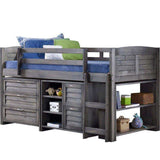 Antique gray low loft bed with 5 drawers, storage shelf, bookcase, and bedding