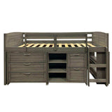 Antique gray low loft bed with 5 drawers, storage shelves, bookcase, and ladder