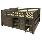 Antique gray low loft bed with storage drawers, shelves, bookcase and side ladder