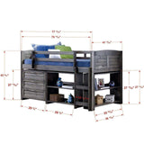 Antique gray low loft bed with storage drawers, shelves, and bookcase, shown with measurements.