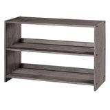 Gray wooden low loft bookcase with three shelves, modern bedroom furniture