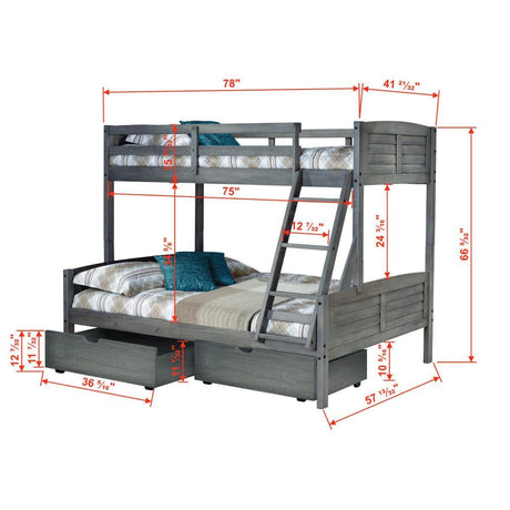 Donco  Twin/Full Louver Bunk Bed With Dual Under Bed Drawers In Antique Grey Finish 2012-TFAG_505-AG - Bedroom Depot USA