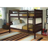 Dark cappuccino wood mission bunk bed in a cozy bedroom with striped rug and guitar.