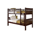 Dark cappuccino wood mission bunk bed with ladder and bedding, isolated on white background