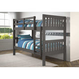 Dark gray wooden bunk bed with blue striped bedding in sunlit bedroom
