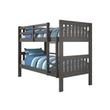 Dark gray wooden bunk bed with striped blue bedding, mission style frame