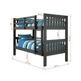 Dark gray Donco Mission bunk bed with blue striped bedding and measurement details