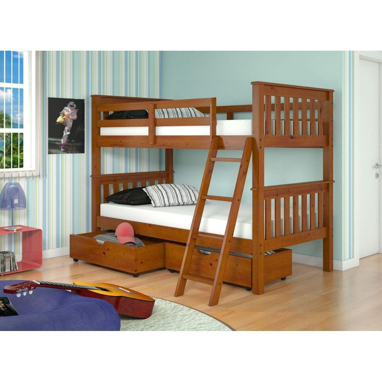 Donco Twin/Twin Mission Bunk Bed With Slat Kit And Dual Under Bed Drawers Light Espresso Finish 120-1-TTE_TT_505-E - Bedroom Depot USA