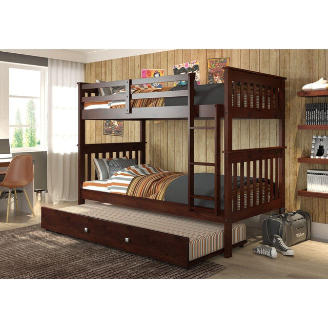 Donco  Twin/Twin Mission Bunk Bed With Trundle Bed Cappuccino Finish 120-3-TTCP_503-CP - Bedroom Depot USA