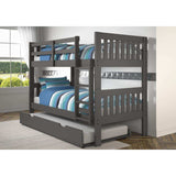Dark gray mission bunk bed with trundle in a modern bedroom, striped bedding, large window