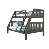 Dark gray twin over full bunk bed with ladder and blue plaid bedding