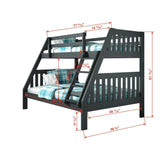 Donco Mission twin over full bunk bed in dark gray with blue plaid bedding and dimension labels