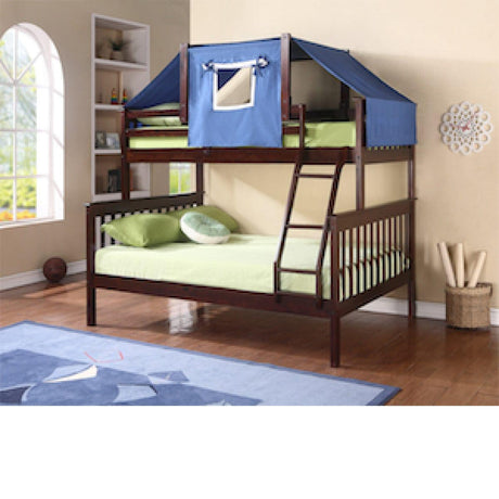 Donco Twin/Full Mission Bunk Bed W/Blue Bunk Bed Tent Kit In Dark Cappuccino Finish 122-3-TFCP_755CP_755B - Bedroom Depot USA