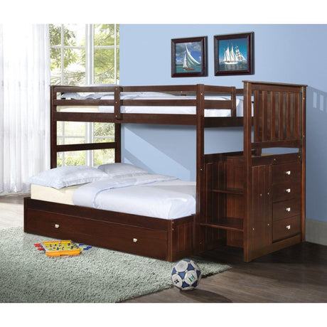 Donco  Twin/Full Mission Stairway Bunk Bed With Ext Kit With Trundle Bed Cappuccino Finish 820-TTCP_800E-CP_503-CP - Bedroom Depot USA