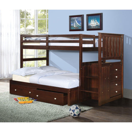 Donco Twin/Full Mission Stairway Bunk Bed With Ext Kit With Dual Underbed Drawers Cappuccino Finish 820-TTCP_800E-CP_505-CP - Bedroom Depot USA