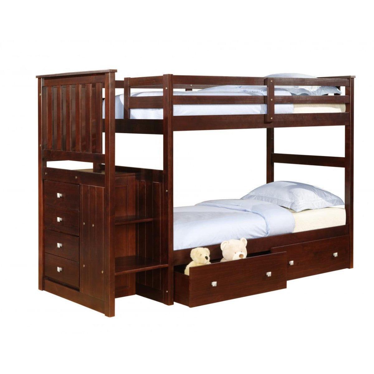 Donco Twin/Full Mission Stairway Bunk Bed With Ext Kit With Dual Underbed Drawers Cappuccino Finish 820-TTCP_800E-CP_505-CP - Bedroom Depot USA