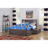 Slate gray full bed with storage drawers in a modern bedroom, blue star bedding