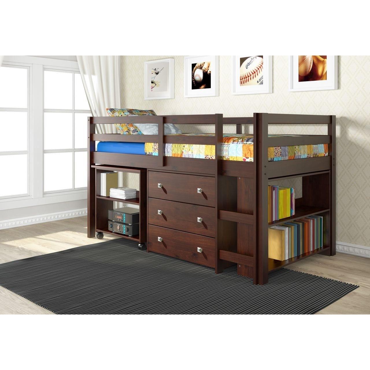 Donco  Low Loft Bed with Desk, Bookcase, and Storage - Bedroom Depot USA