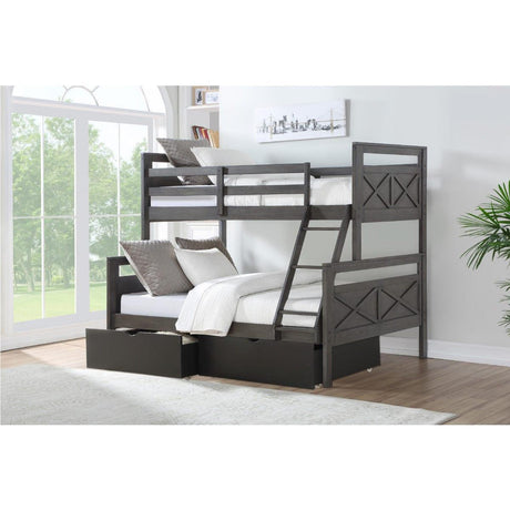 Donco Twin/Full Bunk Bed Rustic Grey Finish With Dual Underbed Drawers In Low Sheen Black Finish 0518-TFRG_505-BK - Bedroom Depot USA