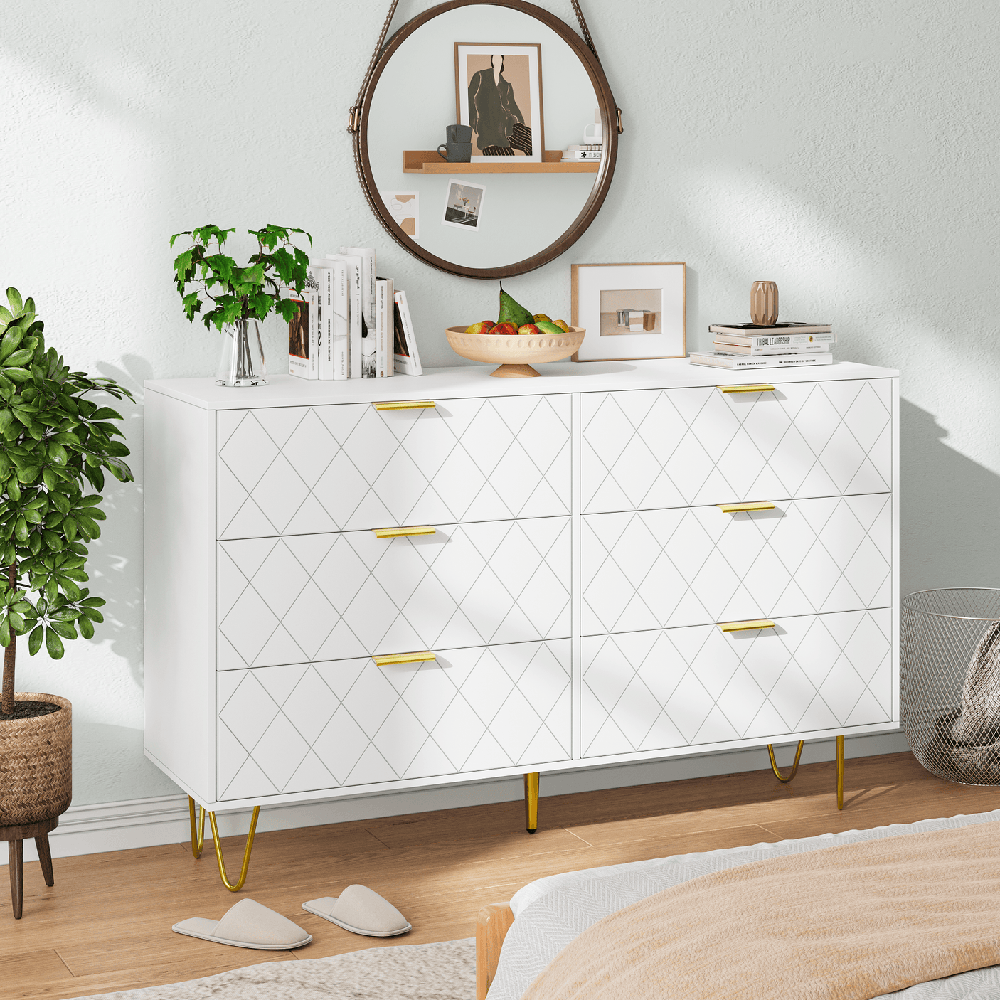 Dresser | 47" 6-Drawers with Diamonds Pattern & Gold Handles | White