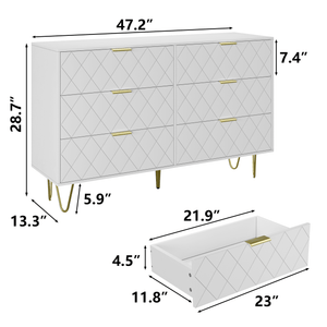 Dresser | 47" 6-Drawers with Diamonds Pattern & Gold Handles | White