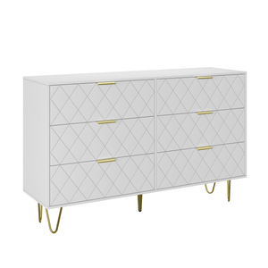 Dresser | 47" 6-Drawers with Diamonds Pattern & Gold Handles | White