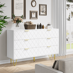 Dresser | 47" 6-Drawers with Diamonds Pattern & Gold Handles | White