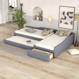 Double Twin Daybed with Trundle & Drawer, Upholstered Gray