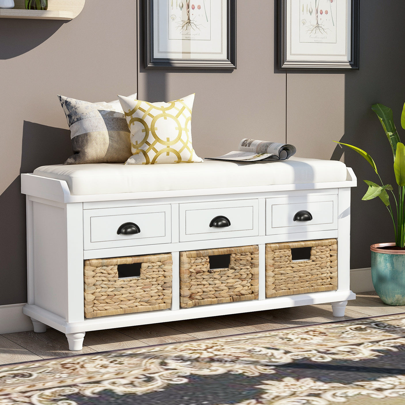 Storage Bench, 3 Drawers, 3 Rattan Baskets, Shoe Organizer - White