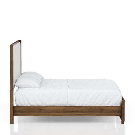 Queen Bed, White Fabric Upholstered Headboard, Walnut