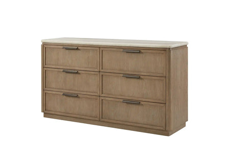Modern wood dresser with six drawers and a light stone top, minimalist bedroom furniture