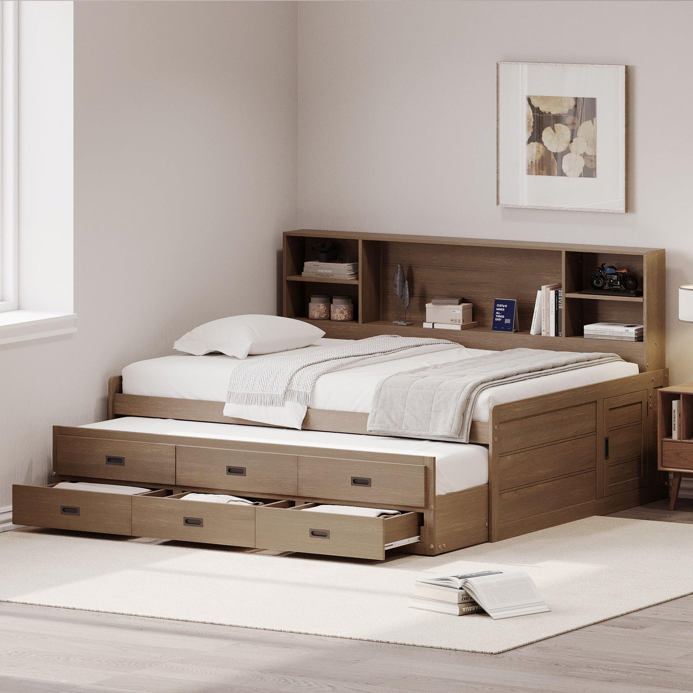 Full Daybed, Captain Storage, Twin Trundle, Bookcase Headboard, Walnut