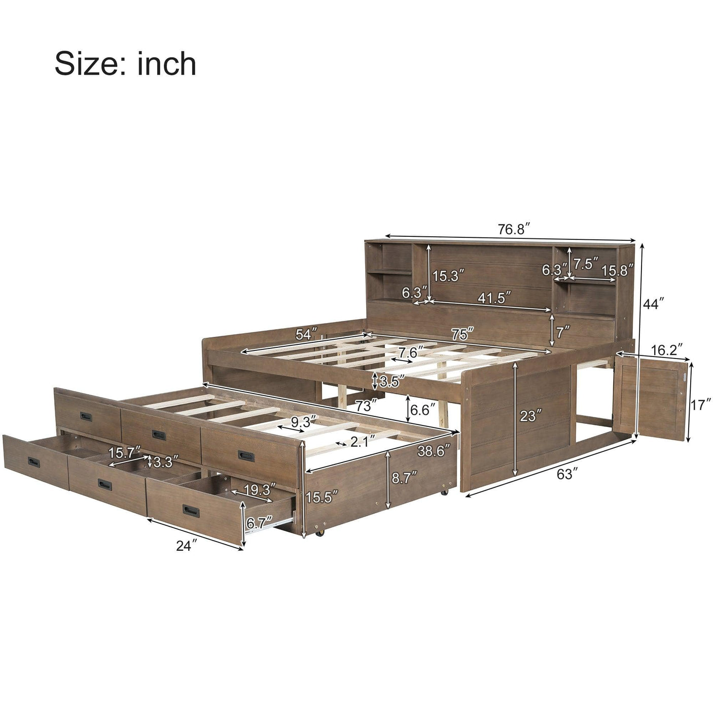 Full Daybed, Captain Storage, Twin Trundle, Bookcase Headboard, Walnut