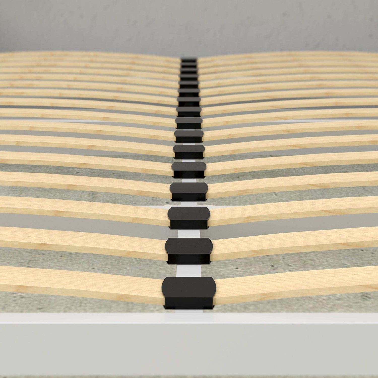 Close-up of wooden slats on Murphy bed frame with metal support, modern bedroom furniture