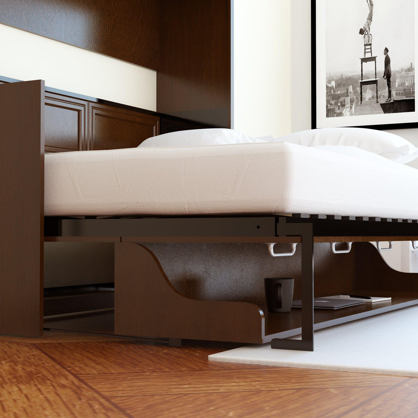 Leto Muro Full Size Murphy Bed with Headboard in Walnut Brown - Horizontal Bed Opened