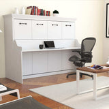 White Murphy bed desk combo with laptop, office chair, and books in modern bedroom