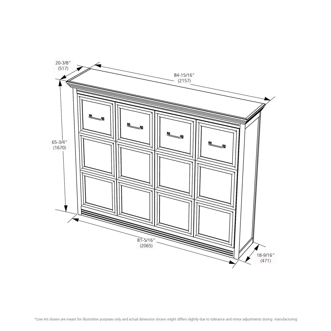 Leto Muro White, Horizontal Full Size Murphy Bed with Desk and Headboard - Dimensions No Desk A