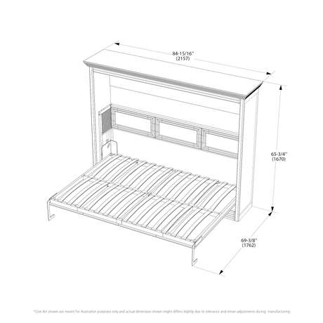 Leto Muro White, Horizontal Full Size Murphy Bed with Desk and Headboard - Dimensions No Desk B