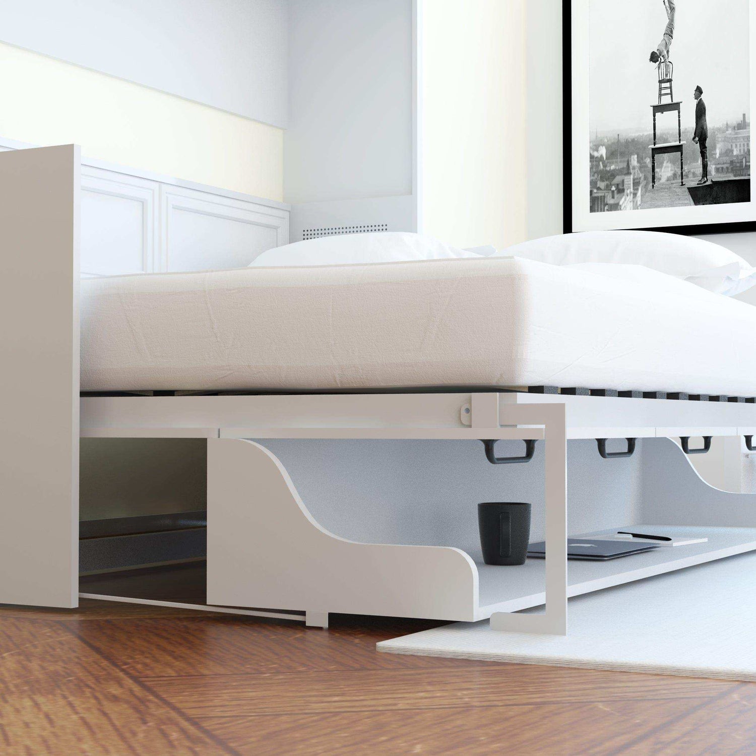 White horizontal Murphy bed with headboard and underbed storage in modern bedroom