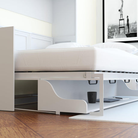 Leto Muro White, Horizontal Full Size Murphy Bed with Desk and Headboard - Opened Desk