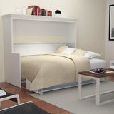 White horizontal Murphy bed with headboard, bookshelf, and beige bedding in modern bedroom