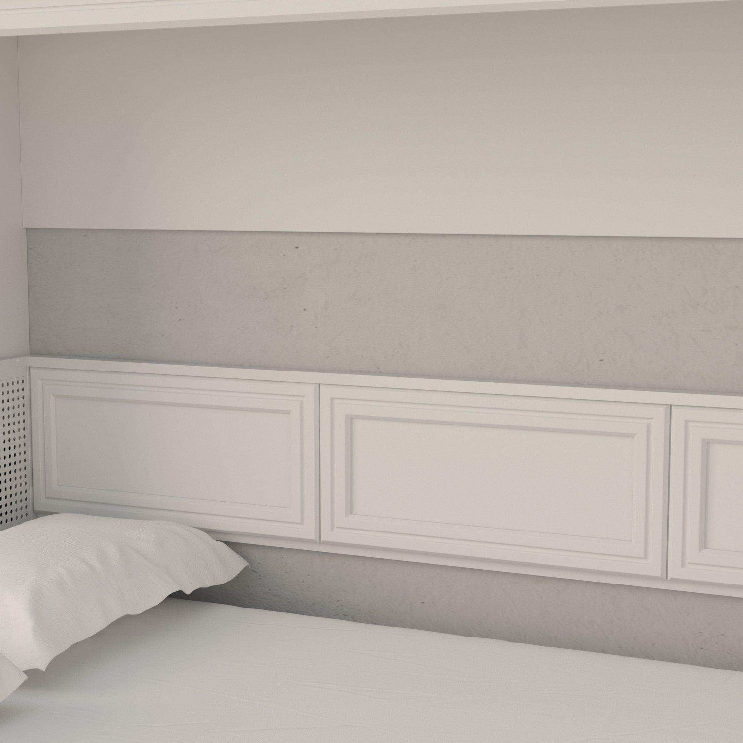 Modern white Murphy bed with paneled headboard in a minimalist bedroom