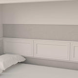 Modern white Murphy bed with paneled headboard in a minimalist bedroom