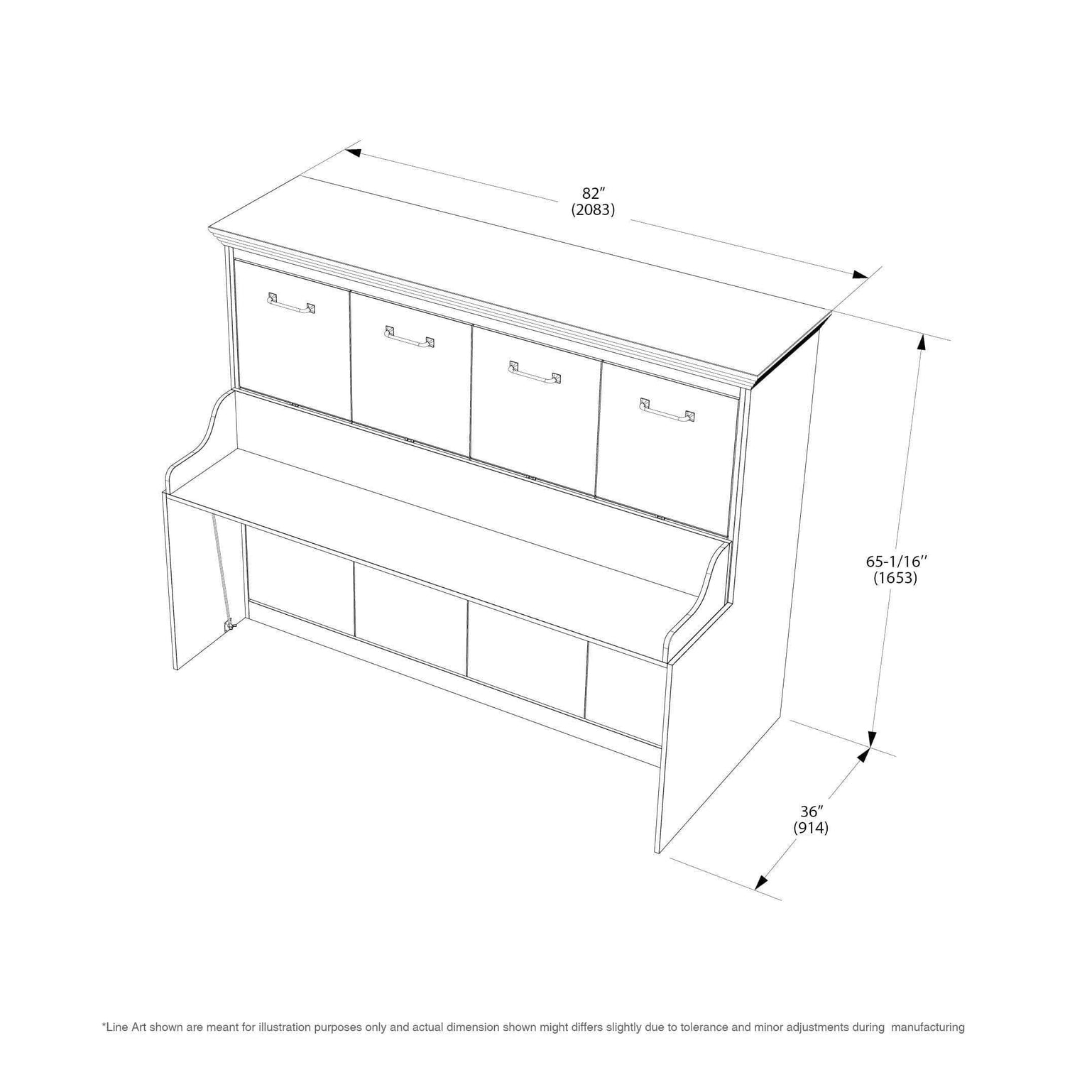 Line drawing of horizontal Murphy bed desk headboard with labeled dimensions