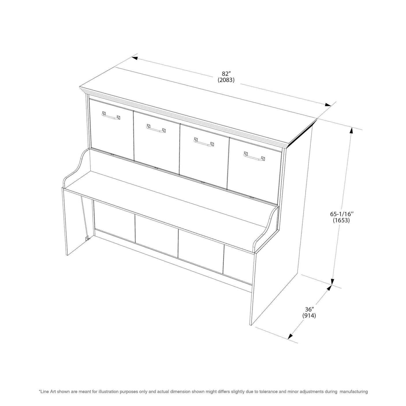 Leto Muro White, Horizontal Full Size Murphy Bed with Desk and Headboard - Dimensions A